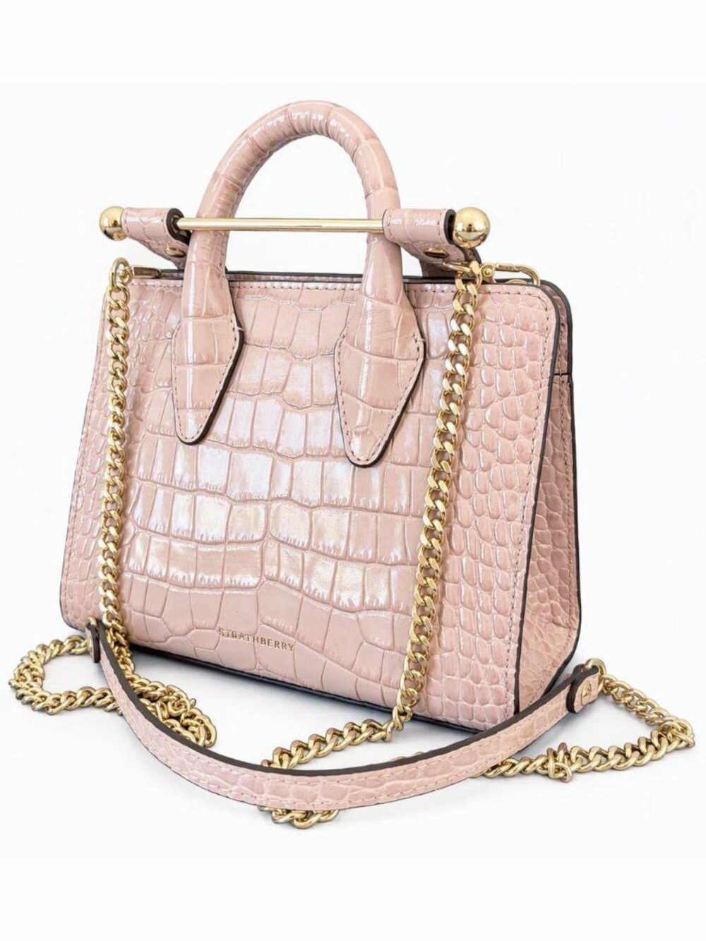 EUC Strathberry Nano Tote Peony Pink Croc Embossed